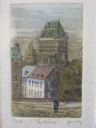 null "Le refuge", "Le château" et "Rue Donnacova", trois estampes. 15x10,5 cm