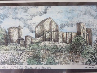 null Deux estampes : "Les bouquinistes" (25x32 cm), "Notre-Dame" et deux dessins...