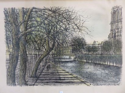 null "Le Petit pont à Paris" dans le gout de Carzou, lithographie. 53x75 cm