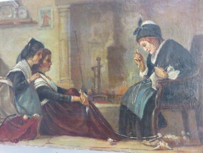 null "Trois femmes devant la cheminée", huile sur toile. 38x55 cm