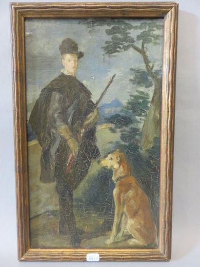 null "Chasseur et son chien", huile sur carton. 32,5x19,5 cm