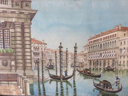 null Quatre aquarelles : "Nature morte", "Canal à Venise", "Musicien" et école asiatique...
