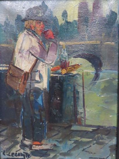 null "Encas sur le quai", huile sur toile, sbg. 22x17 cm