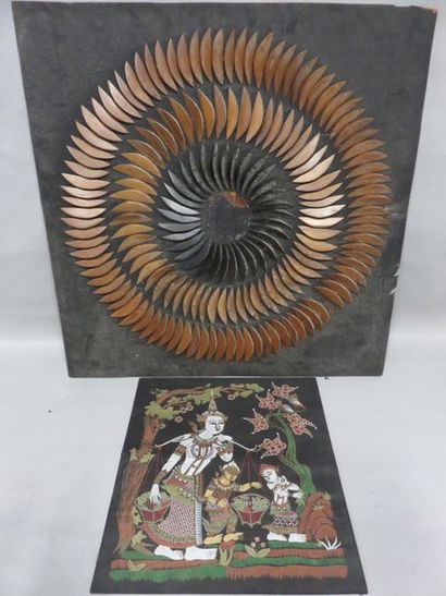 null "Sun", wooden composition (80x78,5 cm) and "Asian Characters", painting on ...