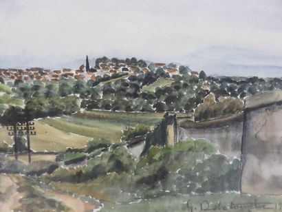 G. DELATOUCHE "Village", crayon aquarellé, sbd, daté 1933. 30x47 cm