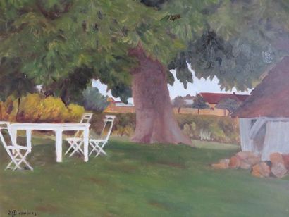 Suzanne DHOMBRES "Under the chestnut tree", oil on isorel, sbg. 33x41 cm