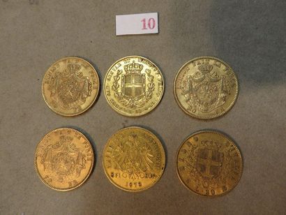 null Six pièces de vingt francs étrangères en or (38gr) (dont 3 pièces belges de...