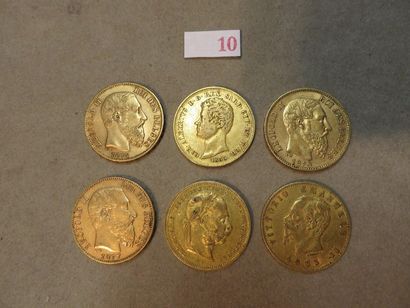 null Six pièces de vingt francs étrangères en or (38gr) (dont 3 pièces belges de...