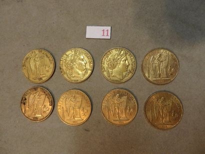 null Huit pièces de vingt francs français en or (52gr) (dont six pièces Génie 2ème...
