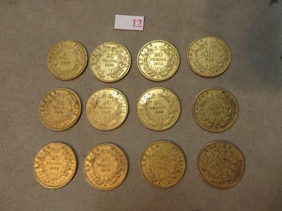 null Douze pièces de vingt francs français en or Napoléon III de 1854 à 1859