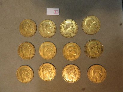 null Douze pièces de vingt francs français en or Napoléon III de 1854 à 1859