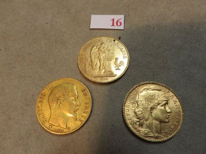 null Trois pièces de vingt francs français en or 1859, 1898, 1909 (19gr) 