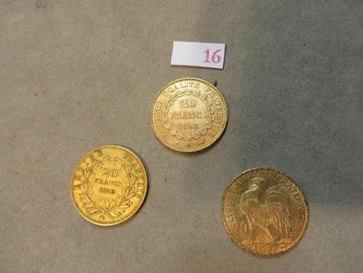 null Trois pièces de vingt francs français en or 1859, 1898, 1909 (19gr) 
