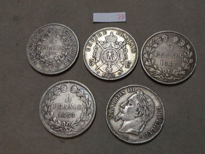 null Cinq pièces de cinq francs français en argent de 1835 à 1878 (Poids Total: ...