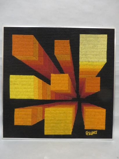 null Avart (?) "Abstraction cubique jaune orange rouge sur fond noir", canevas. 80x80...