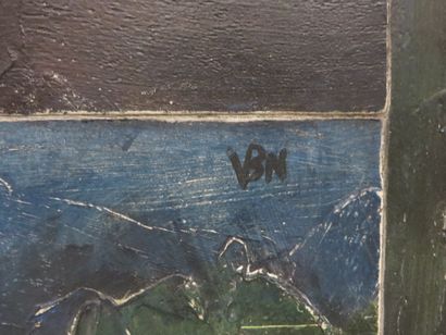 null Deux huiles écoles modernes : "Paon" (70x110 cm) et "Visages", monogrammé VBM...