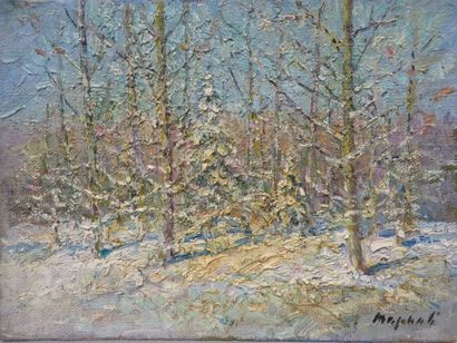 MARKOV "Arbres sous la neige", huile sur isorel, sbd. 16x22 cm