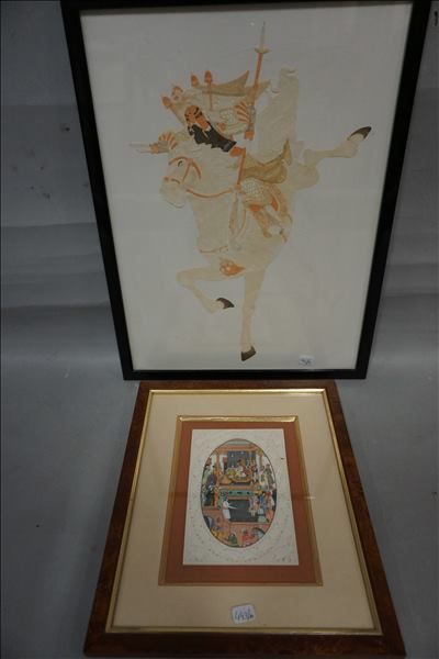 null Deux pièces encadrées : "Cavalier asiatique" et "Scène de palais", miniature...