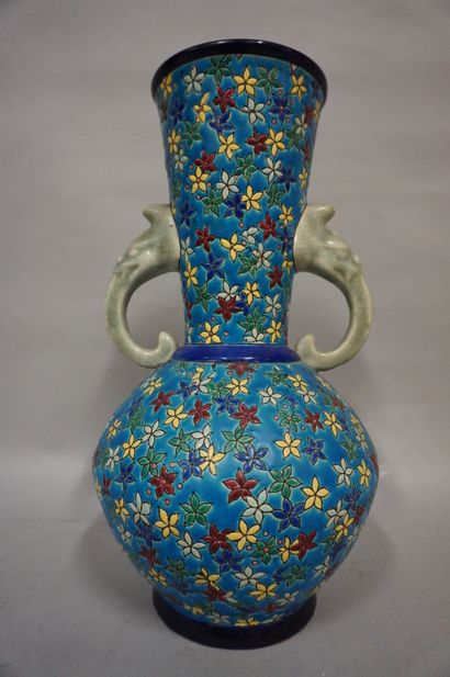 LONGWY Longwy earthenware handle vase. 33x18 cm