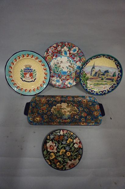 LONGWY Three Longwy earthenware plates, dish and saucer (accidents).