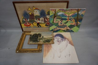 null Frame and four paintings : "Landscape", "Folk Scene", "Pierrot"(reproduction)...