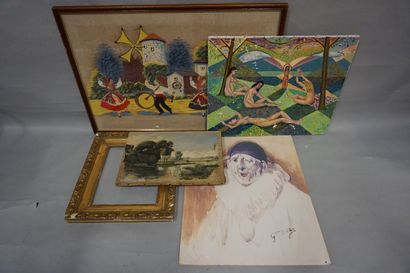 null Cadre et quatre tableaux : "Paysage", "Scène folklorique", "Pierrot"(reproduction)...