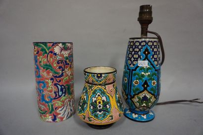 LONGWY Lamp (24 cm) and two Longwy earthenware vases.