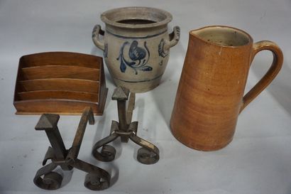 null Lever for letter box, stoneware jug and pot and pair of metal chenets.