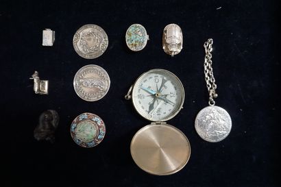 null Ten window trinkets, compass, coin, small boxes and miscellaneous.