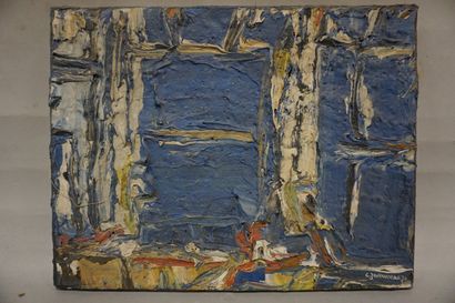C. JOUHANNEAU "Abstraction bleue", huile, sbd, daté 1974. 27x35 cm