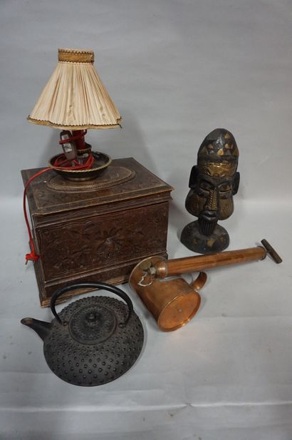 null Wooden box handle, metal lamp, carved wooden head, cast iron teapot and copper...