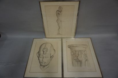 null Three framed drawings: "Nude", "Head of Pharaoh" and "Capital". 61x45 cm