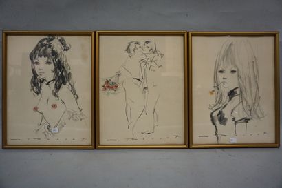 null Trois fusains : "Couple" et deux "Portraits de femmes", signés. 30x23 cm