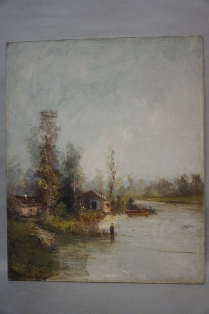 null Ecole XIX°: "Femme au bord d'une rivière", huile sur toile. 100x81 cm