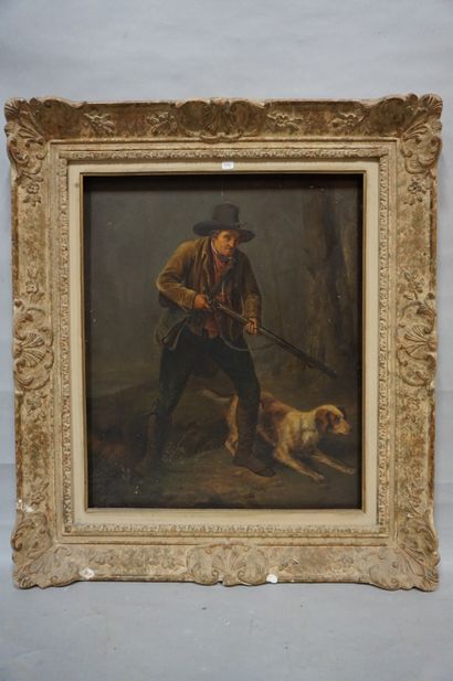 null Ecole XIXe: "Chasseur et son chien", huile sur panneau. 61x48 cm