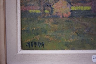 JANRIKAR "Trois vaches et fermière", huile sur carton, sbg. 24x33 cm