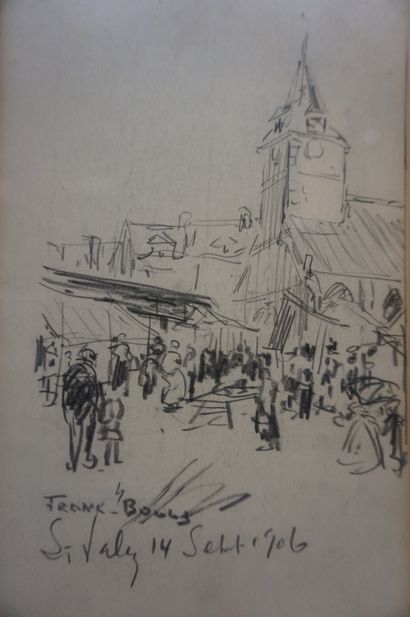 FRANK-BOGGS "Bell tower", charcoal, sbg, dated 1906. 22x14 cm.