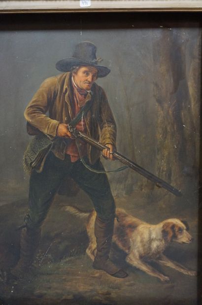 null Ecole XIXe: "Chasseur et son chien", huile sur panneau. 61x48 cm