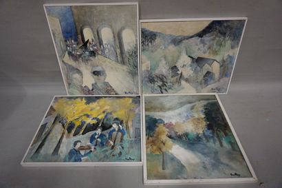 Vauthey "Musiciens" et "Paysages", quatre huiles sur isorel, sbd. 47x55 cm et 55x47...