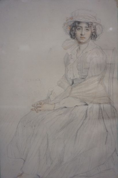 R.DAVID "Elégante assise au chapeau", dessin rehaussé, signé. 27x17 cm