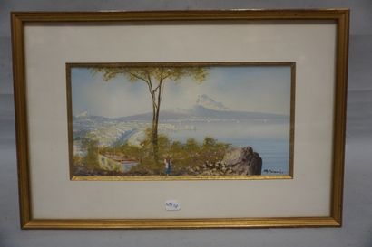 M. GIOMAJI "Baie de Naples", gouache, sbg. 13,5x26,5 cm