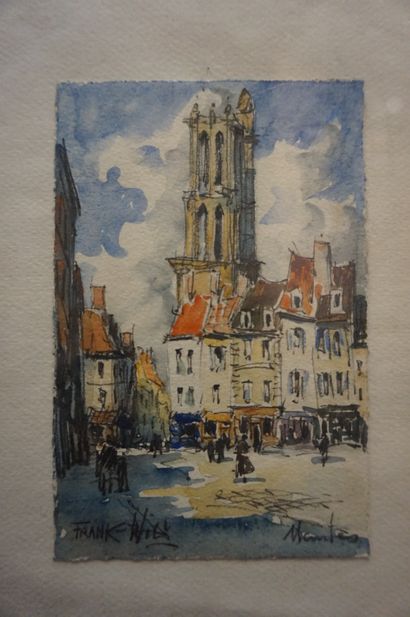 FRANK-WILL "Vue de Nantes", aquarelle sur papier. 14x9 cm