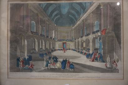 null Four prints or optical views: "Place des victoires", "La chapelle de Versailles",...