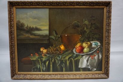 CHOULGA Ecole Russe : "Nature morte aux fruits", huile sur toile, sbg. 60x81 cm
