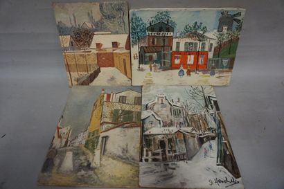 null Quatre huiles : "Montmartre" (24x33 cm) et "Paysages enneigés".