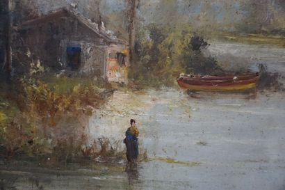 null Ecole XIX°: "Femme au bord d'une rivière", huile sur toile. 100x81 cm