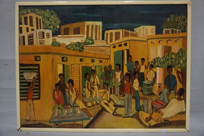 Diarra IDRISSA "Village scene in Ivory Coast", oil on panel, sbd, dated 1983. 49x66...