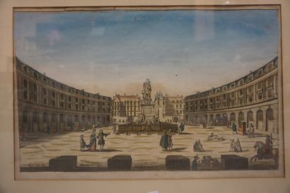 null Four prints or optical views: "Place des victoires", "La chapelle de Versailles",...
