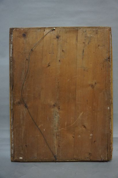 GLACE Glace à cadre en bois et stuc doré et mouluré de palmettes. 93x72 cm