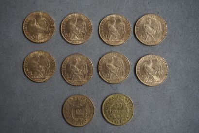 null Dix pièces de vingt francs en or ( neuf françaises et une suisse) Poids Total:...